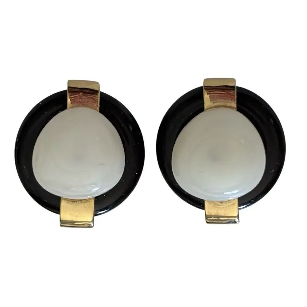 KENNETH J.L. Earrings, Gold tone, Black Enamel and White Faux Pearl, Clip on